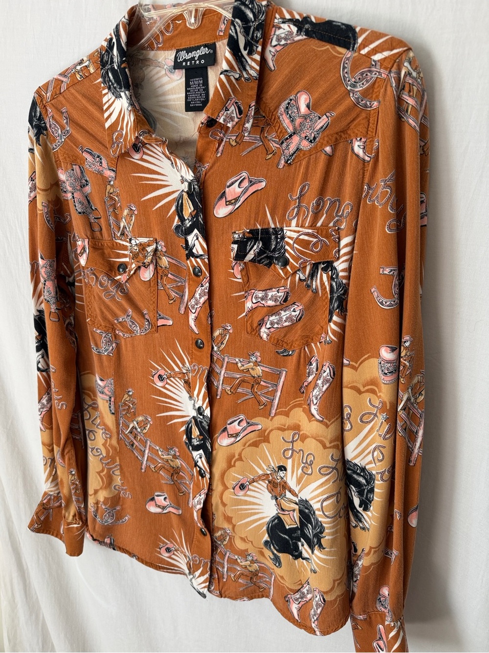Wrangler Retro Cowboy Western Print Rayon Shirt Rust Size M